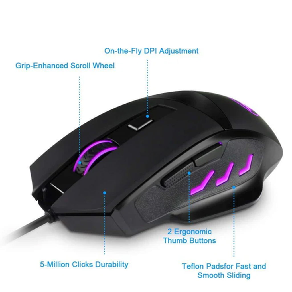 Redragon M609 RGB mouse featuring a purple LED-lit scroll wheel, ergonomic thumb buttons, on-the-fly DPI adjustment, & Teflon pads