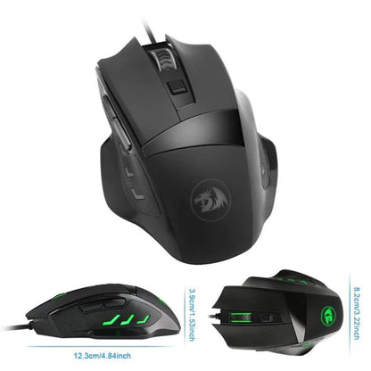 Redragon M609 Phaser RGB Gaming-Mouse with green LED accents. Features side buttons, a scroll wheel and Dimensions displayed