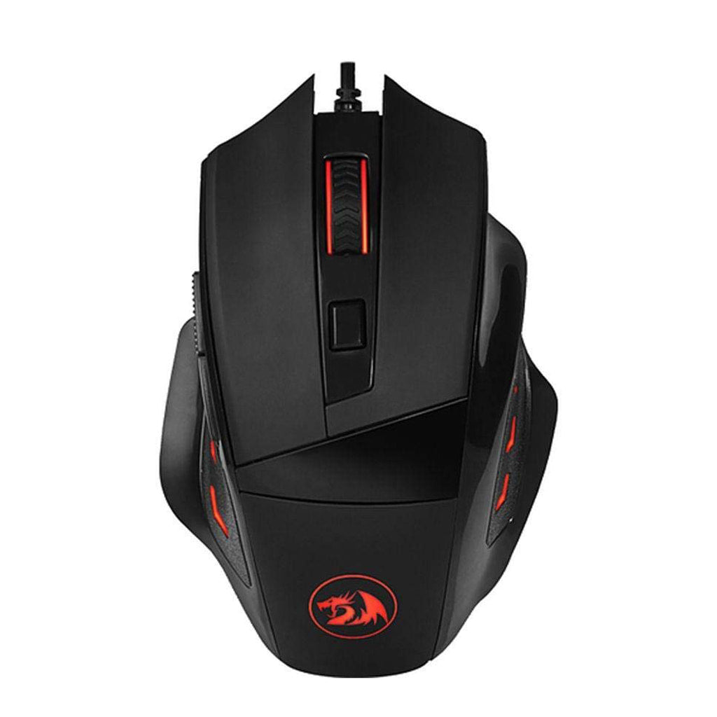 Redragon M609 Mouse highlighting illuminated scroll wheel with button, Redragon logo on the palm rest & Red accents on the sides