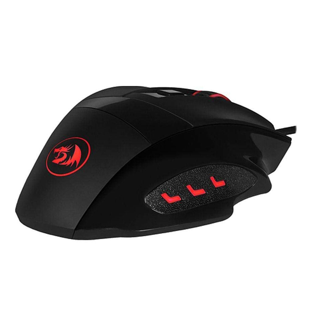 Redragon M609 Phaser Black RGB Gaming Mouse, left-side view showcasing the Redragon logo and red illuminated accents