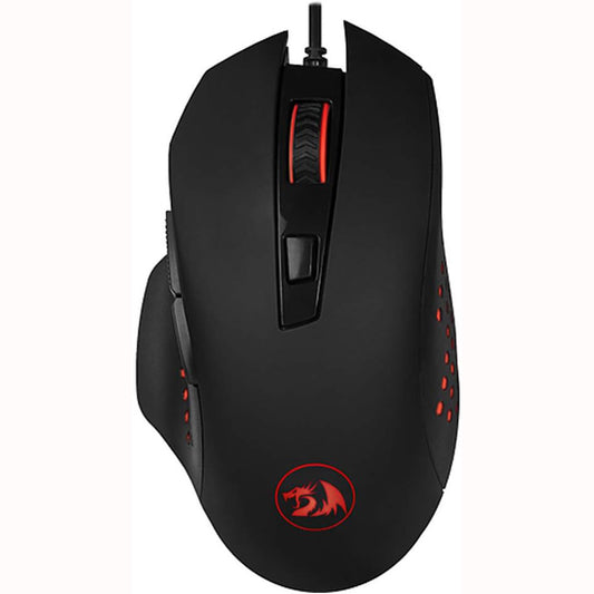 Front view of the Redragon M610 Gainer Black Wired Gaming Mouse, showcasing its ergonomic shape and red LED accents