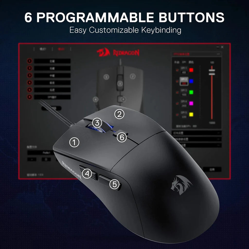 Gaming mouse with programmable buttons and customizable keybinding software on a dark background