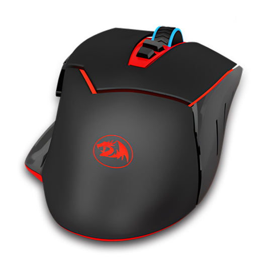 Back view of the black Redragon M690 Mirage wireless gaming mouse, featuring red accents along the edges & a Redragon logo