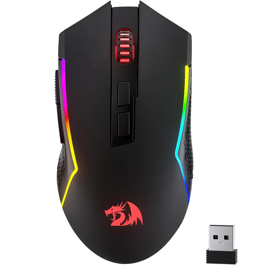 Gaming mouse with RGB lighting and USB receiver on a white background
