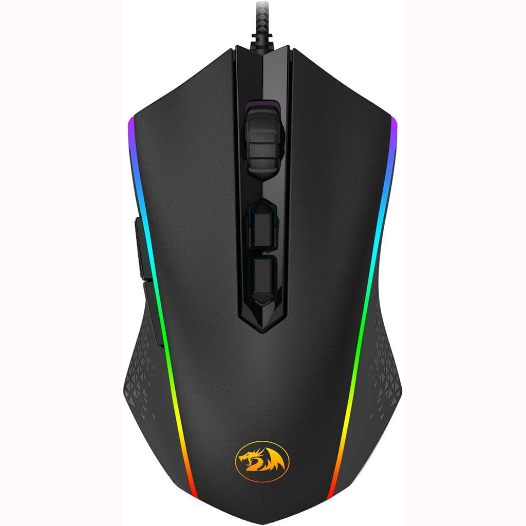 Redragon M710 mouse, featuring a customizable RGB strips along the sides, an illuminated scroll wheel & a glowing Redragon logo