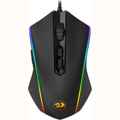 Redragon M710 mouse, featuring a customizable RGB strips along the sides, an illuminated scroll wheel & a glowing Redragon logo