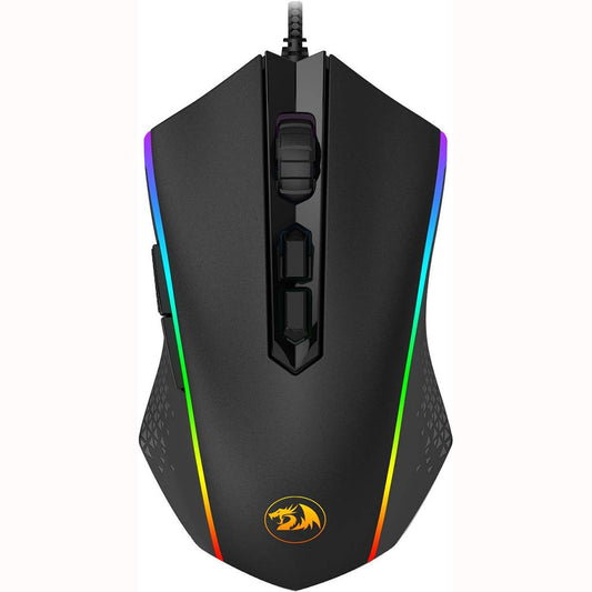 Redragon M710 mouse, featuring a customizable RGB strips along the sides, an illuminated scroll wheel & a glowing Redragon logo