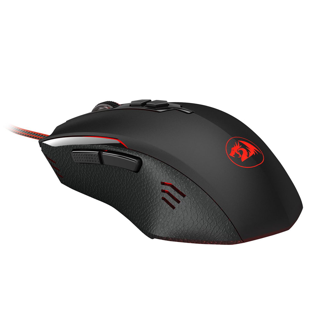  Redragon M716A Inquisitor 2 Black Gaming Mouse is matte black with prominent red LED lighting accents with two buttons on right side