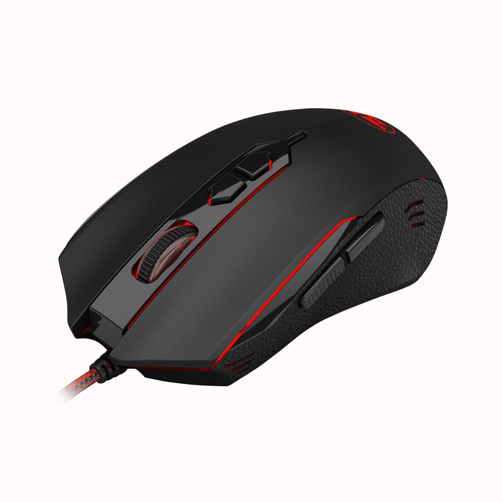 Redragon M716A Inquisitor 2 Mouse features red scroll wheel, two buttons behind the scroll wheel and two side buttons also