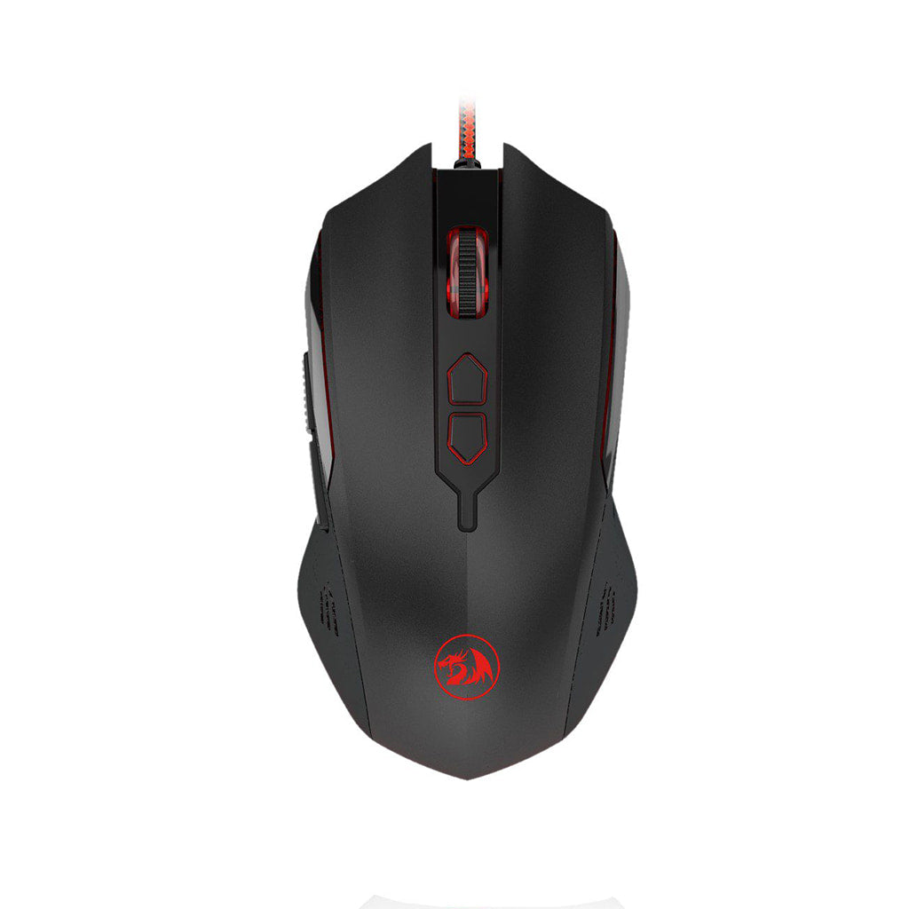 Redragon M716A Inquisitor 2 mouse with red accents, featuring a scroll wheel, two buttons on top & red dragon logo