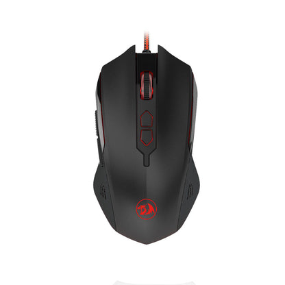 Redragon M716A Inquisitor 2 mouse with red accents, featuring a scroll wheel, two buttons on top & red dragon logo