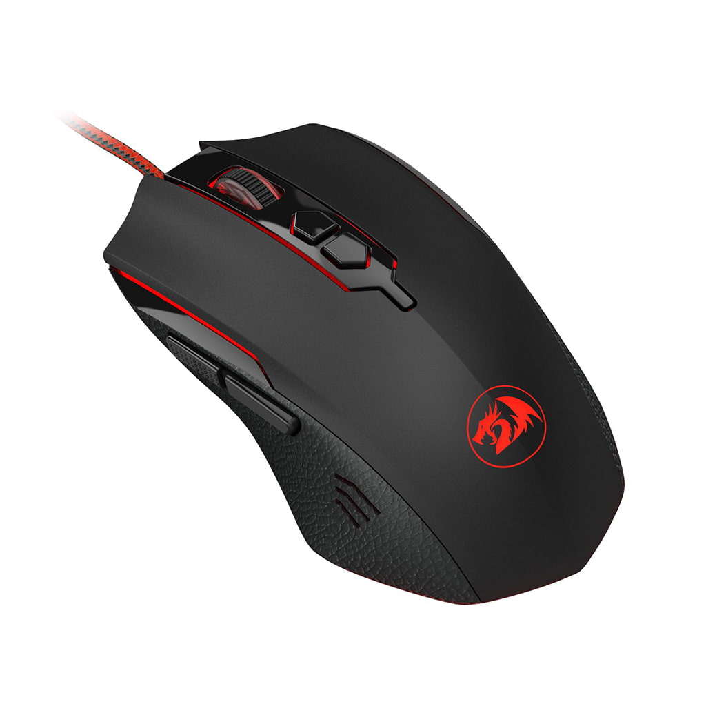 Redragon M716A Inquisitor 2 Mouse with logo on the palm rest and red assents, features two side buttons, one wheel with 2 buttons