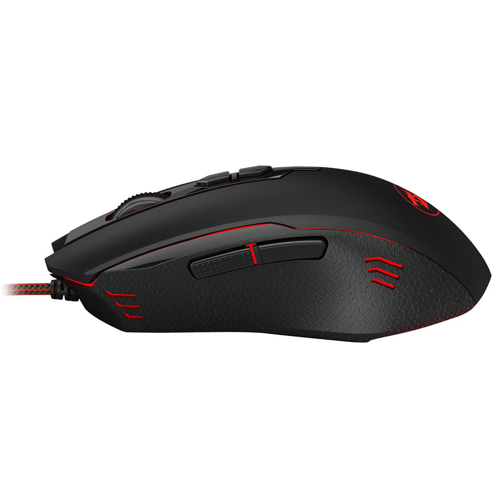 Redragon M716A Inquisitor 2 Mouse including a Redragon logo on the palm rest, grip area with three red slashes & two side buttons