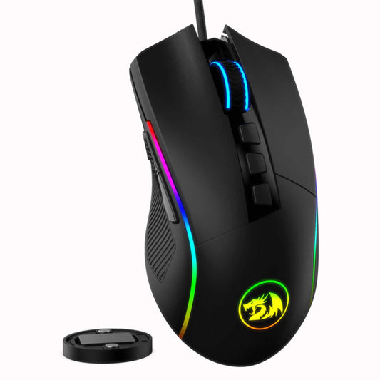 Redragon M721 Lonewolf 2 Pro Black RGB Gaming Mouse, showcasing its illuminated scroll wheel, side strip & weight tuning disc
