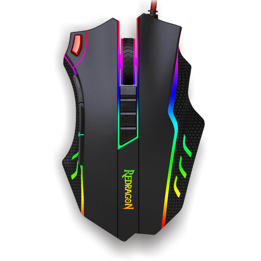 Redragon M802 Mouse featuring vibrant RGB lighting on the scroll wheel, side strips, and the Redragon logo with honeycomb grip