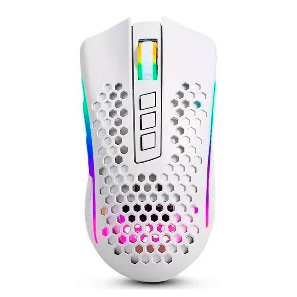Front view of the Redragon STORM PRO M808 White wireless lightweight gaming mouse with honeycomb shell & vibrant RGB lighting