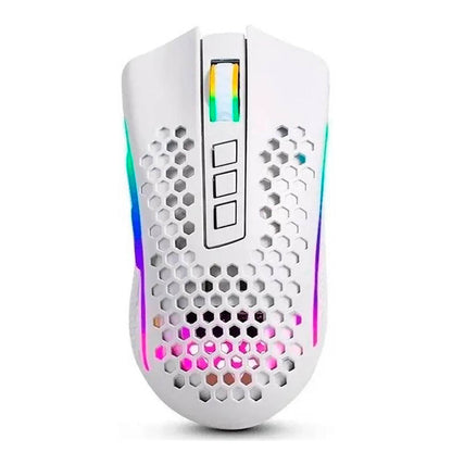 Front view of the Redragon STORM PRO M808 White wireless lightweight gaming mouse with honeycomb shell & vibrant RGB lighting