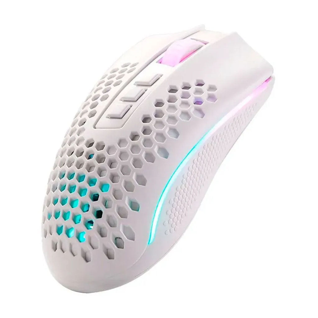 Angled top view of Redragon STORM PRO M808 White lightweight wireless gaming mouse with honeycomb shell