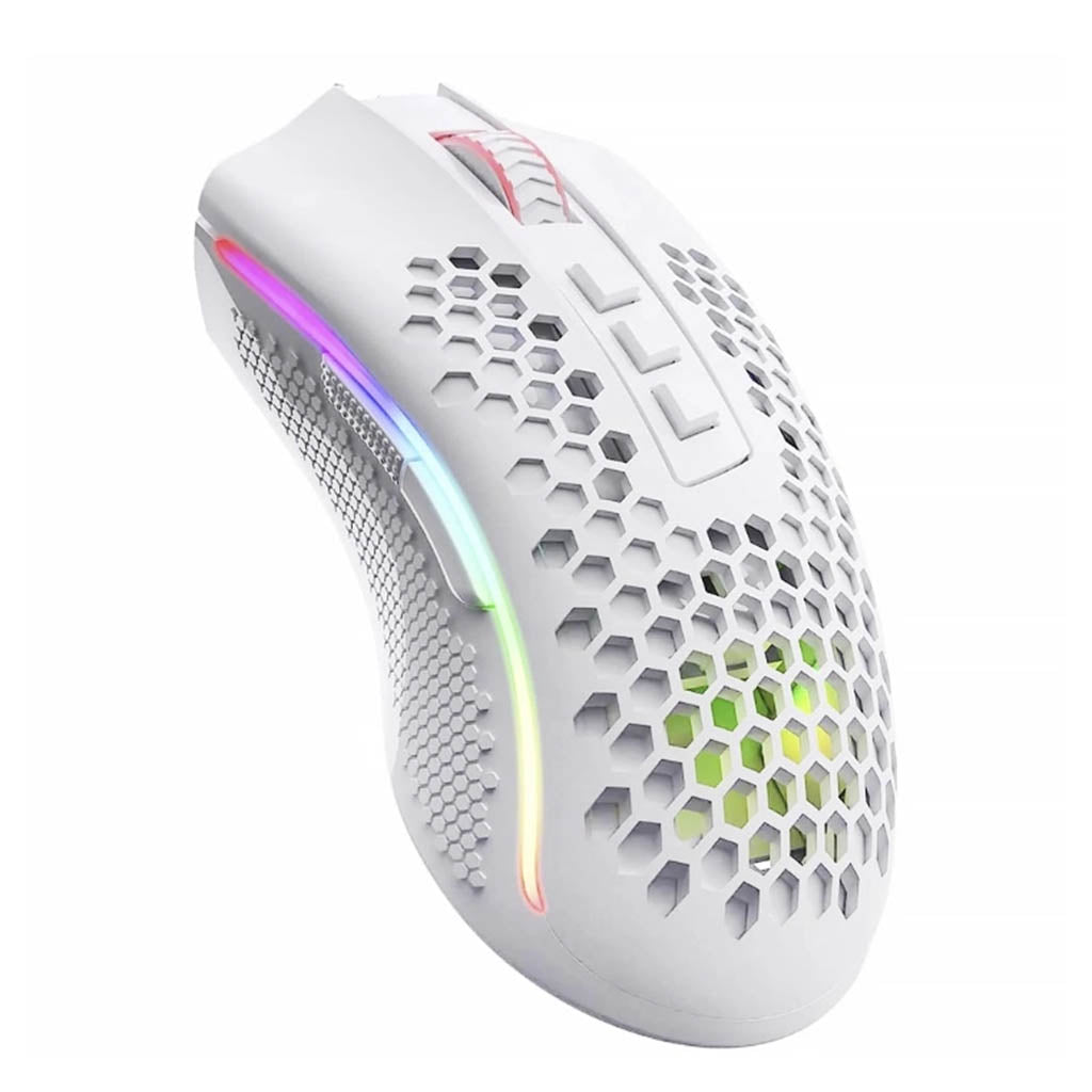 Angled Right Side view of Redragon STORM PRO M808 white lightweight wireless gaming mouse with RGB lighting