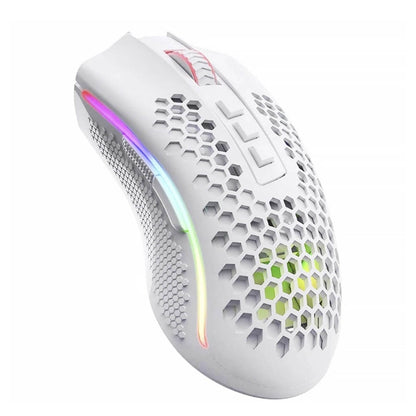 Angled Right Side view of Redragon STORM PRO M808 white lightweight wireless gaming mouse with RGB lighting