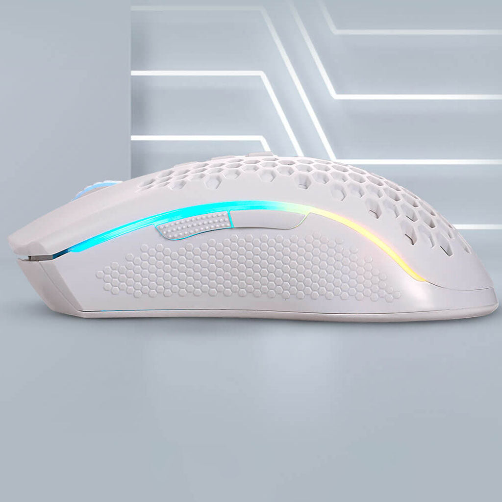 White Redragon STORM PRO M808 KS wired gaming mouse highlighting the textured grip area & RGB on edges