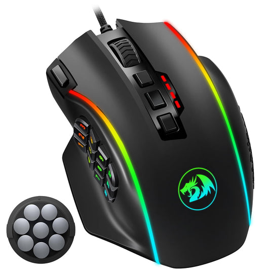 Redragon M901-K-2 Perdition 2 Black RGB gaming mouse, showing the programmable side buttons, RGB lighting & removable weight set