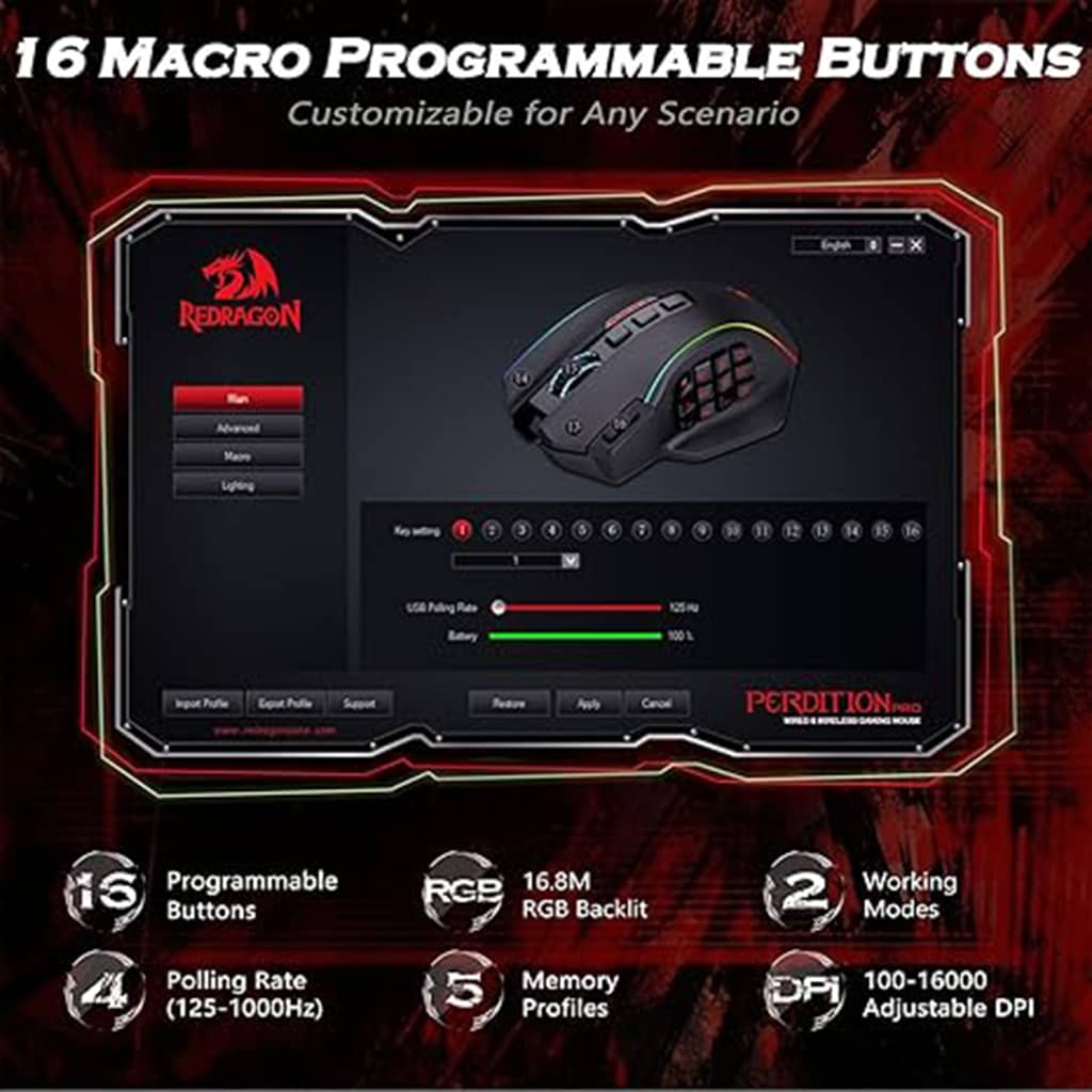 Features of the Redragon M901P-KS Perdition, including 16 programmable buttons, RGB lighting, adjustable DPI & memory profiles.