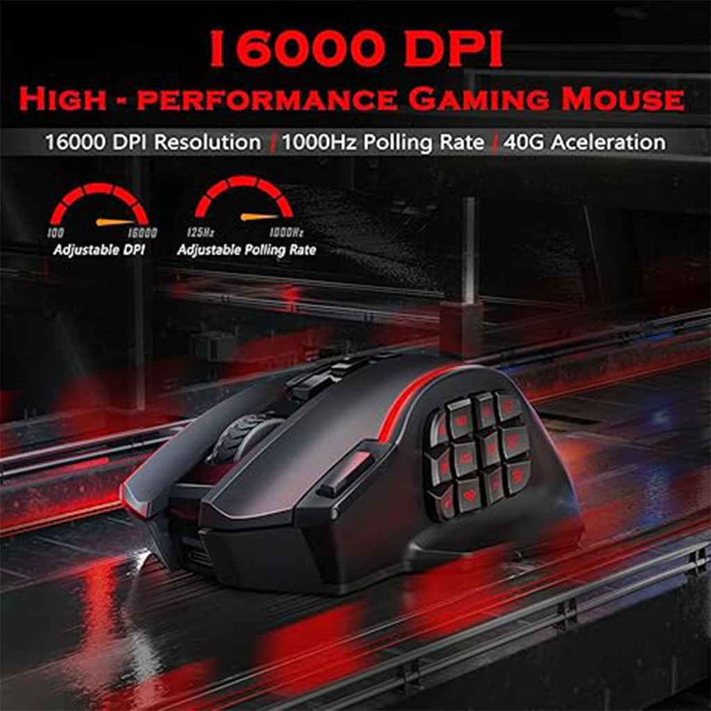  Features of the Redragon M901P-KS Perdition black gaming mouse, including 16000 DPI, 1000Hz polling rate, and 40G acceleration