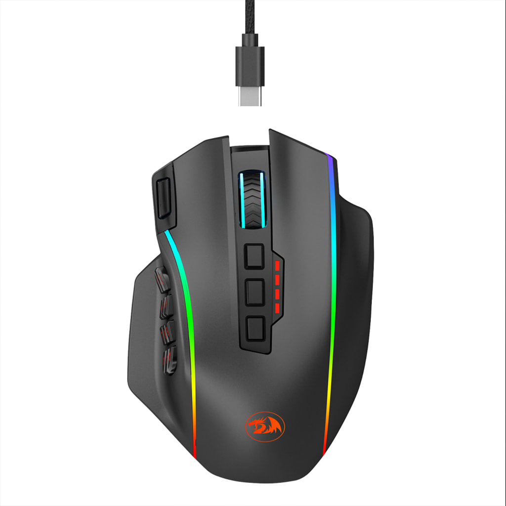 Top view of the Redragon M901P-KS Perdition black gaming mouse with vibrant RGB lighting, shown next to a detachable USB-C cable