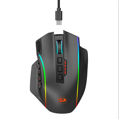 Top view of the Redragon M901P-KS Perdition black gaming mouse with vibrant RGB lighting, shown next to a detachable USB-C cable
