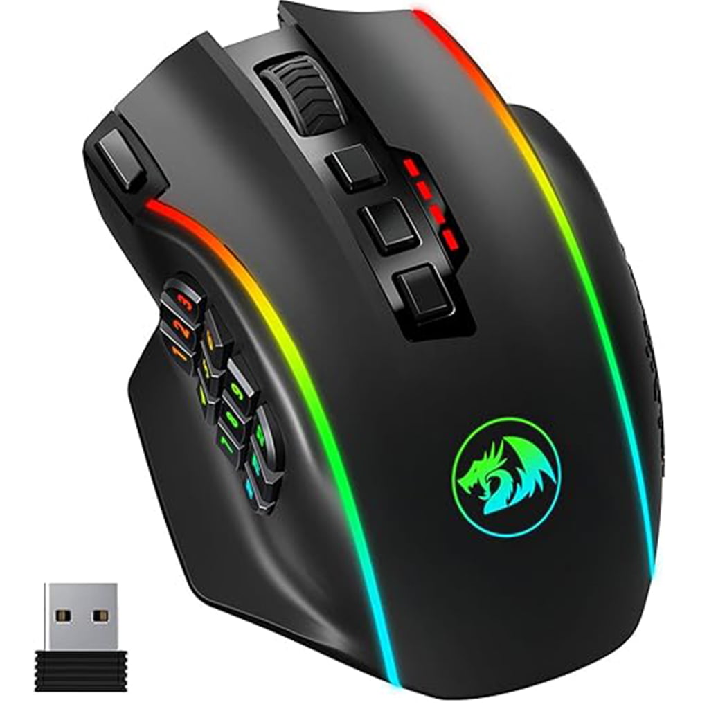 Front view of the Redragon M901P-KS Perdition black wireless RGB gaming mouse with programmable side buttons and USB receiver