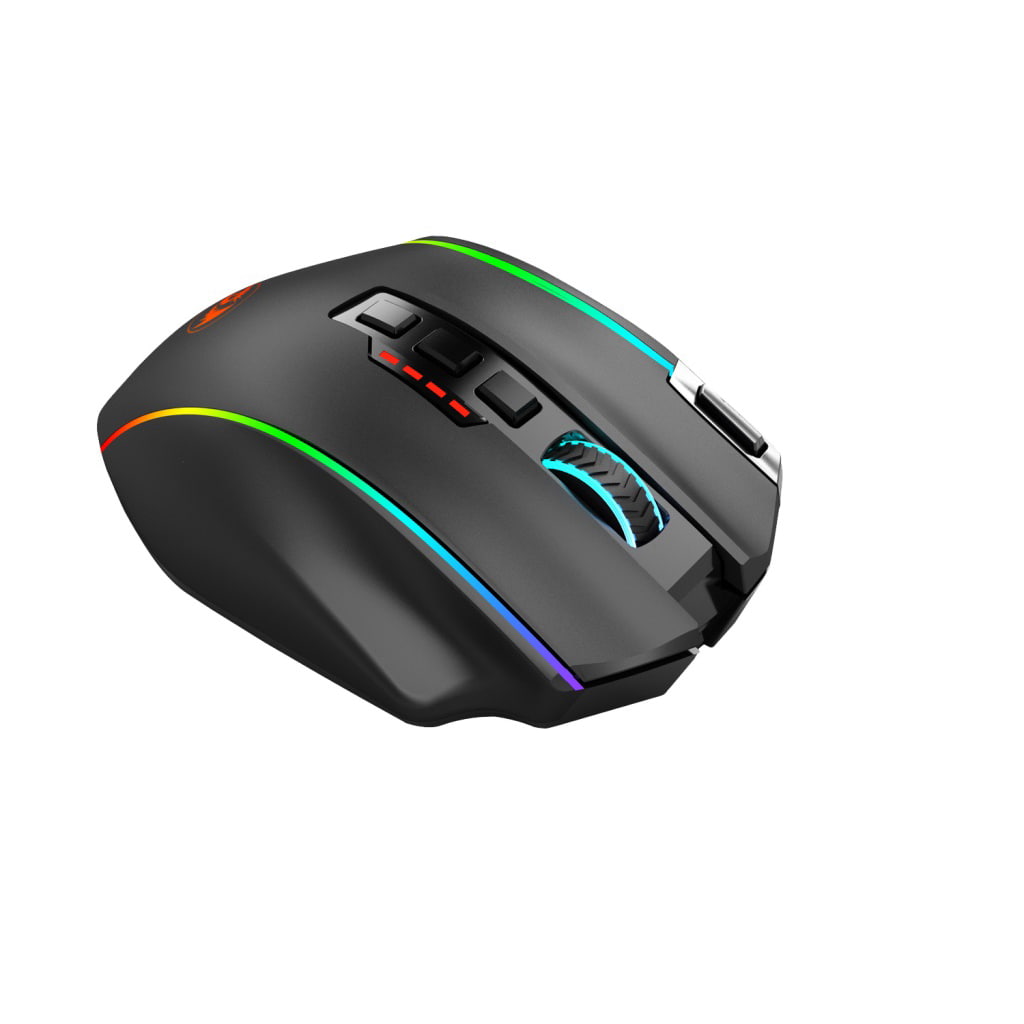Angled left side view of the Redragon M901P-KS Perdition black gaming mouse, showing its ergonomic shape and dynamic RGB lighting