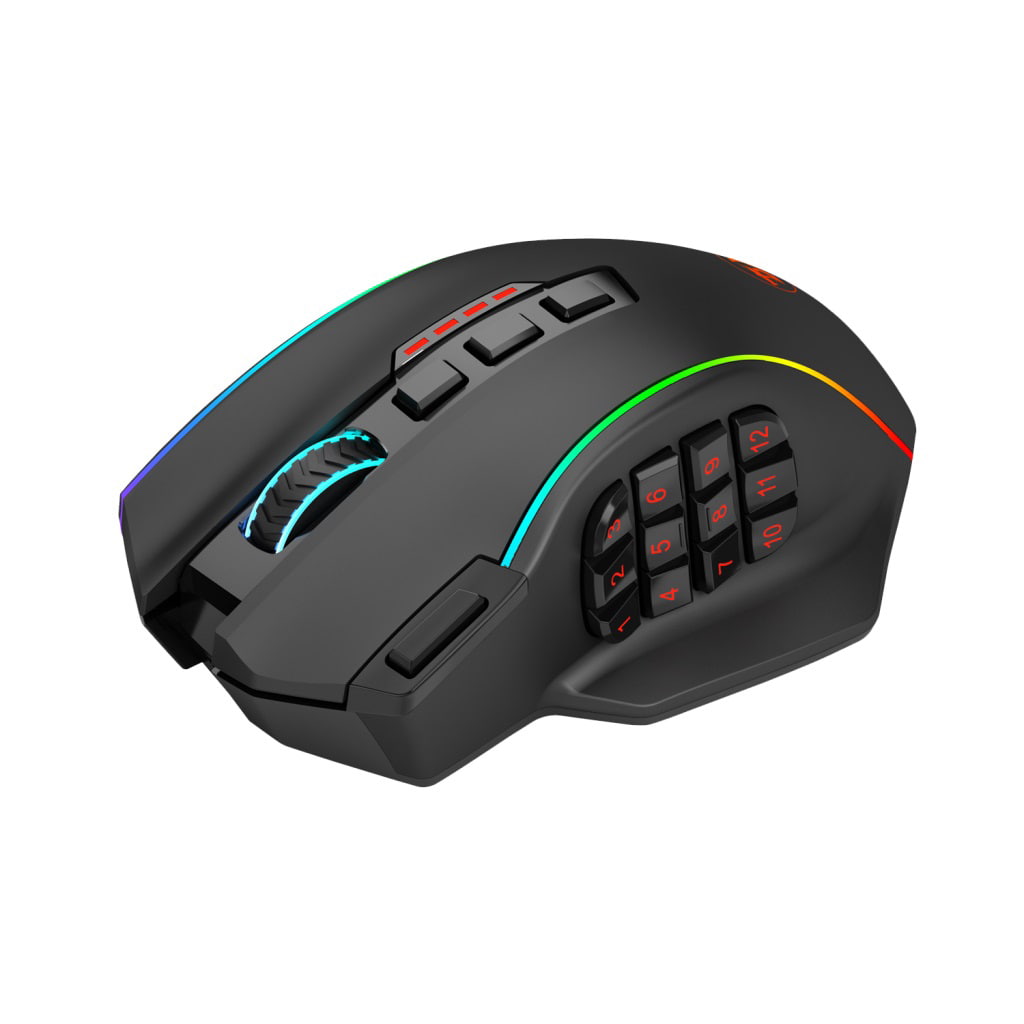 Black Redragon M901P-KS Perdition mouse from the right side perspective, highlighting  contoured design & dynamic RGB illumination