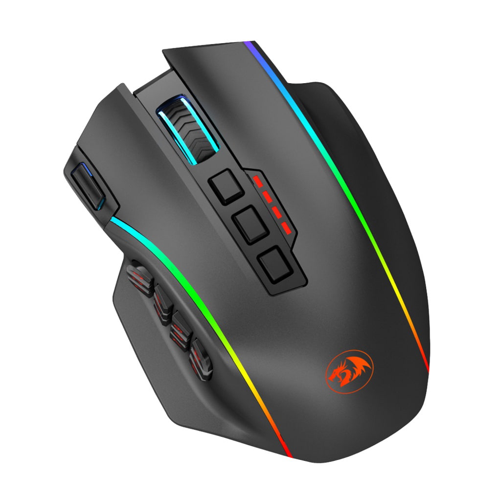 Redragon M901P-KS Perdition black gaming mouse, showing its ergonomic shape, programmable buttons, and vibrant RGB lighting