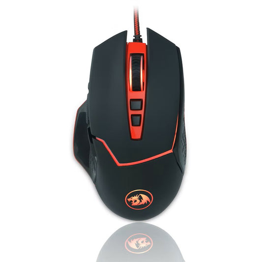 A black m907 gaming mouse with red LED lighting. The mouse has a textured grip on the thumb rest and a scroll wheel that glows red
