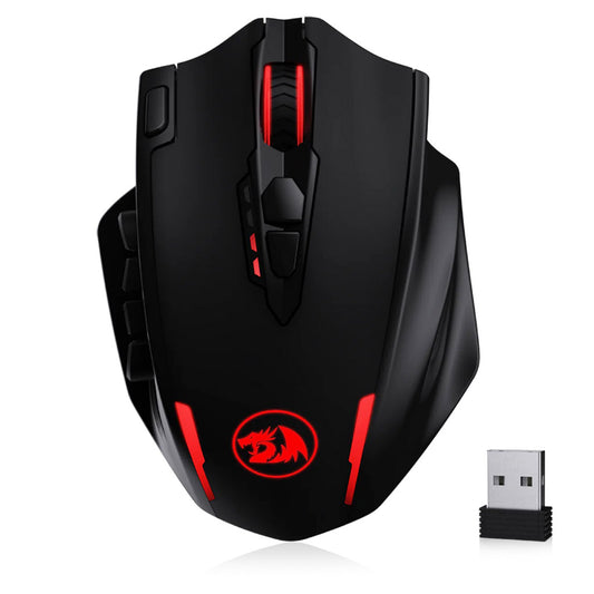 Black gaming mouse with red accents and a USB receiver on a white background