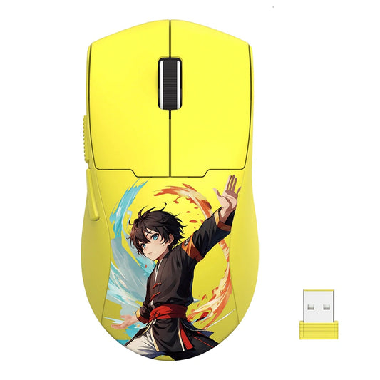 Yellow mouse with anime character design on a white background with USB dongle 