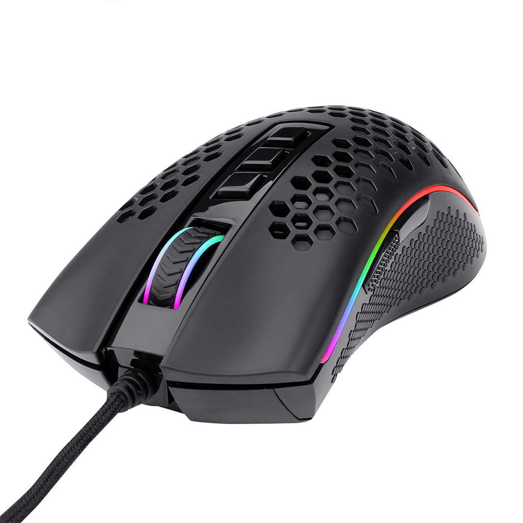 Redragon M988 Storm Elite Black RGB gaming mouse from a front angle, showing the honeycomb shell and vibrant RGB lighting