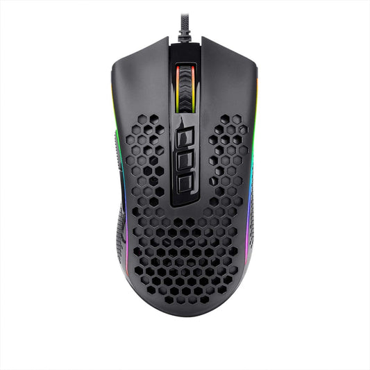 Redragon M988 Storm Elite Black RGB gaming mouse from the front, showing the honeycomb shell design and vibrant RGB lighting