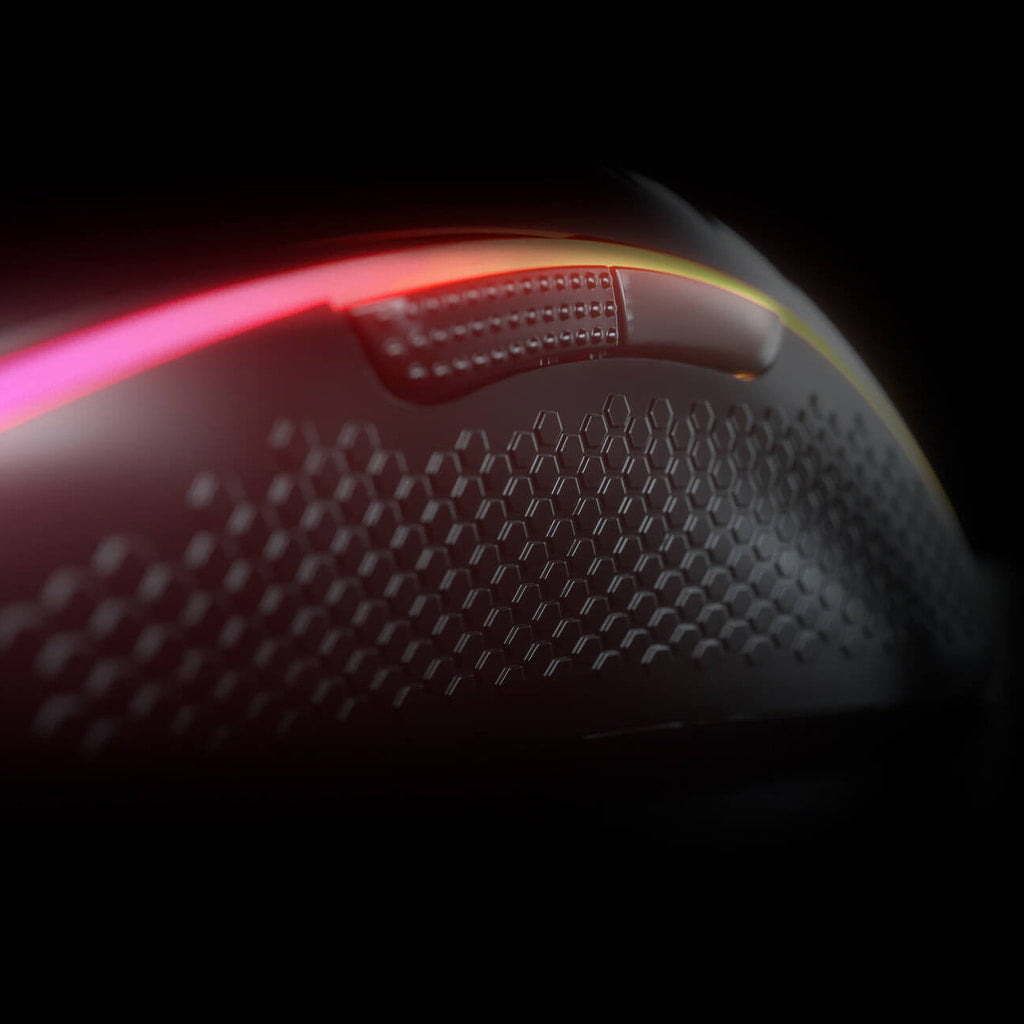 Close-up of Redragon M988 Storm Elite Black RGB gaming mouse, highlighting the honeycomb shell texture, side grip, and RGB lighting