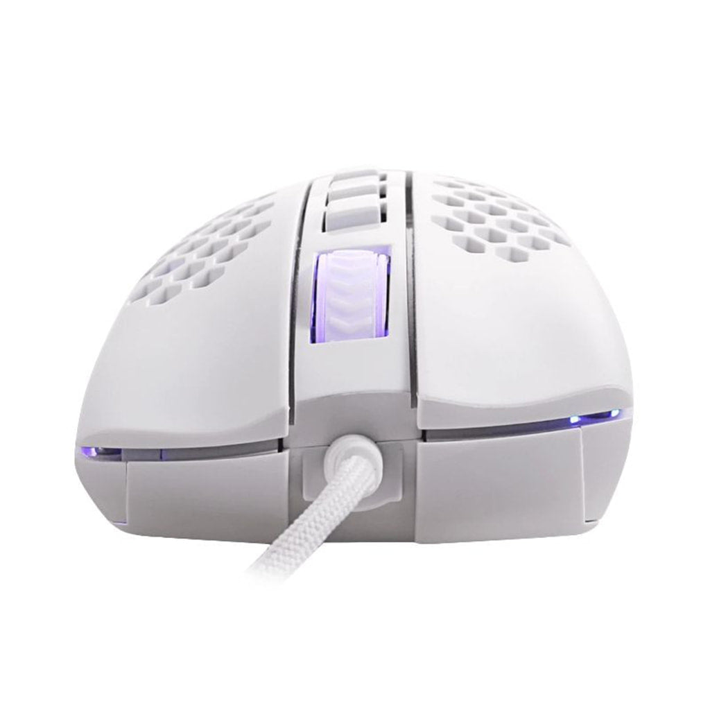 Redragon M988W Storm Elite White RGB gaming mouse, showing front view with scroll wheel, buttons, cable, and front RGB lighting