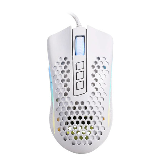 White Redragon M988W Storm Elite lightweight RGB gaming mouse with honeycomb shell design