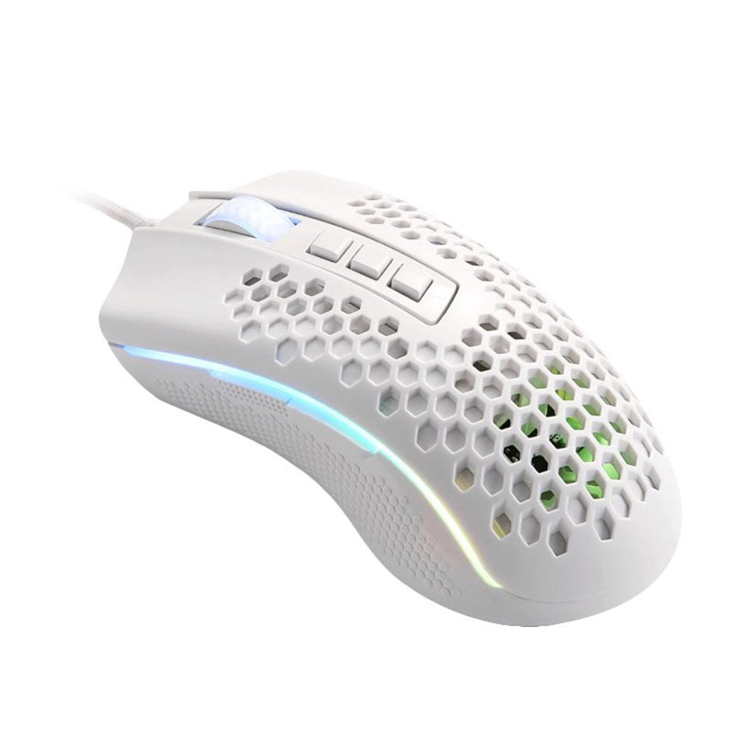 Redragon M988W Storm Elite White RGB gaming mouse, showing right side with honeycomb pattern and illuminated RGB strip