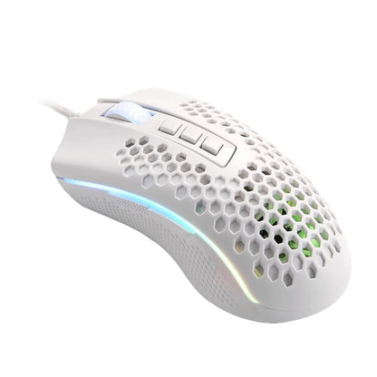 Redragon M988W Storm Elite White RGB gaming mouse, showing right side with honeycomb pattern and illuminated RGB strip