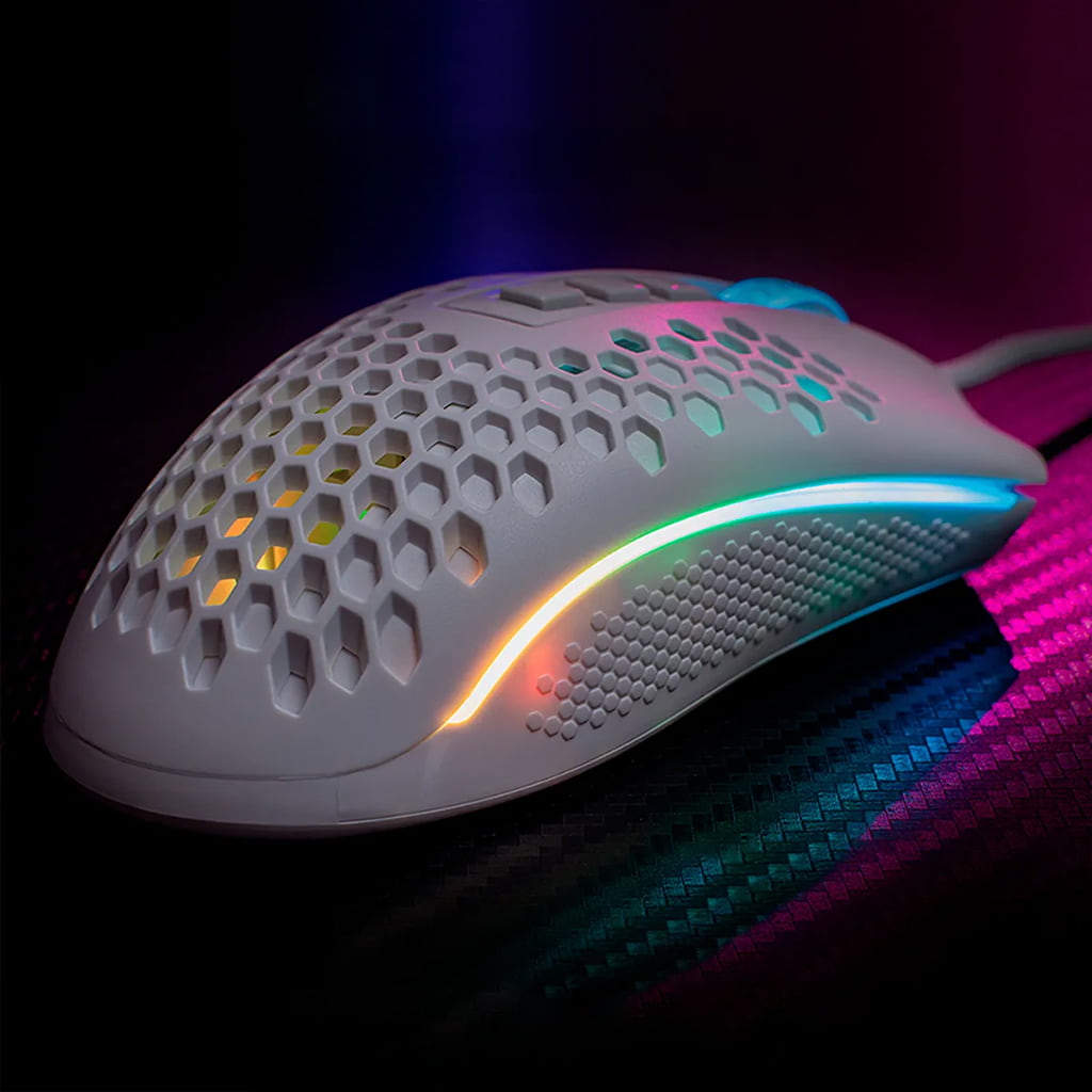 Side view of the Redragon M988W Storm Elite White RGB gaming mouse, highlighting the honeycomb shell and vibrant RGB lighting