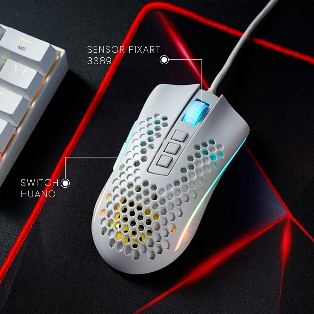 Redragon M988W Storm Elite White RGB gaming mouse on a mousepad, with callouts for the Pixart 3389 sensor and Huano switches