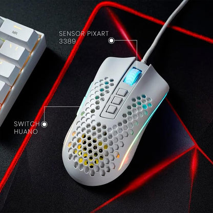 Redragon M988W Storm Elite White RGB gaming mouse on a mousepad, with callouts for the Pixart 3389 sensor and Huano switches