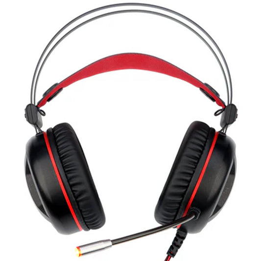 H210 Headset in black with red accents featuring large earcups, a self-adjusting red headband strap & flexible microphone