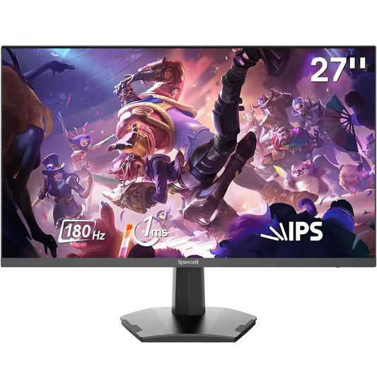 Mirror GM27X5 monitor, viewed from the front has features like "27''", "180 Hz", "1ms", and "IPS" are visible on the screen