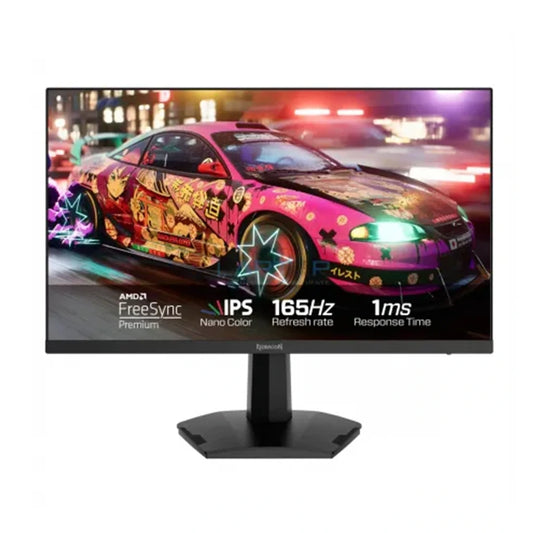 Monitor displaying a colorful car graphic with gaming specifications on screen